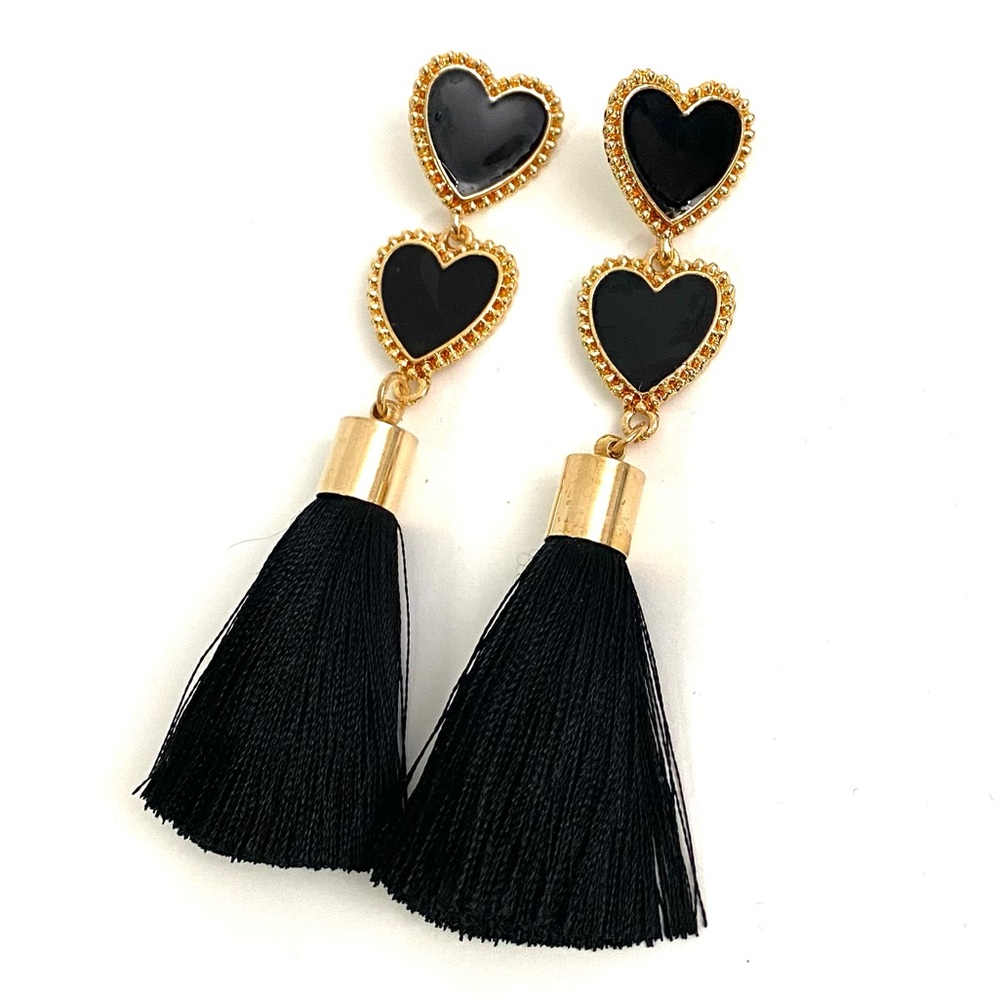 Black and Gold Heart Tassel Valentine Earrings
